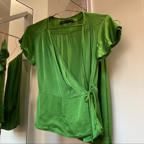 Zara Satin Effect Green Wrap Tie Strings Shirt - Picture 4 of 5